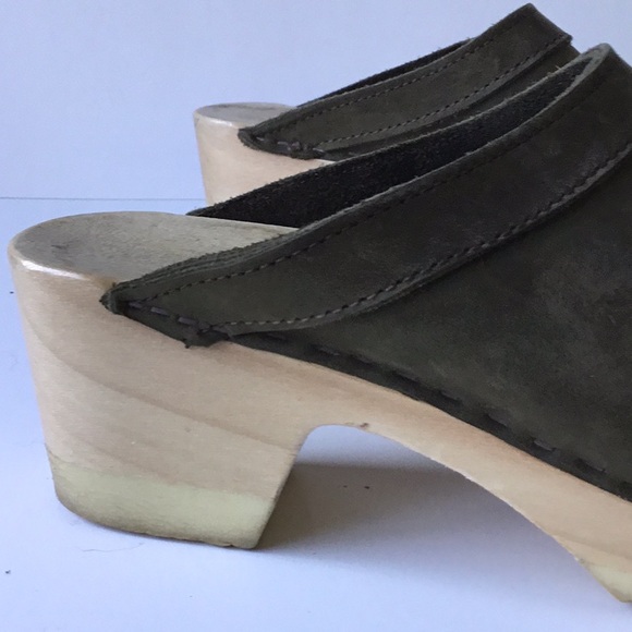 Woman Boho Olive Sage Suede Wooden Clogs size 39 - Picture 3 of 13